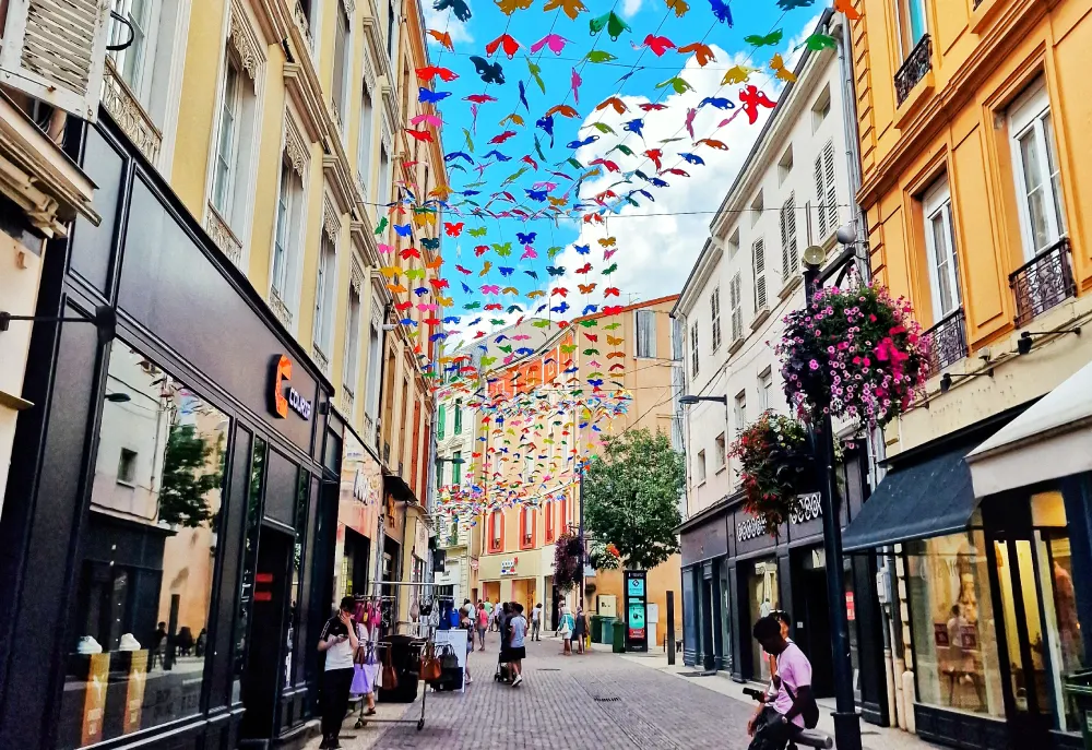 Vue de la rue du Maréchal Foch à Roanne, un jour ensoleillé, avec des guirlandes de papillons suspendues.